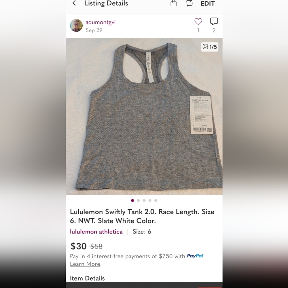lululemon athletica Gray Swiftly Tank 2.0